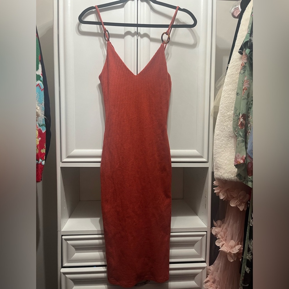 Privacy Please - Spaghetti strap Reddish Orange Midi Dress - Size: XS